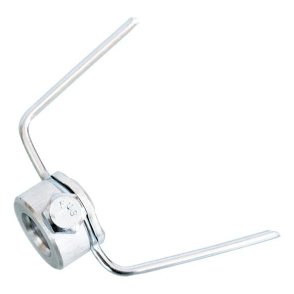 Gancho de garfo simples para máquina de assar frango, metal prateado, estrutura curva, extremidade de rosca, fundo branco