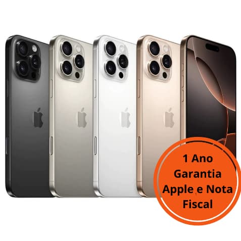 iPhone 16 Pro e Pro Max em cores preto, prata, ouro e prata escura com garantia de 1 ano e nota fiscal