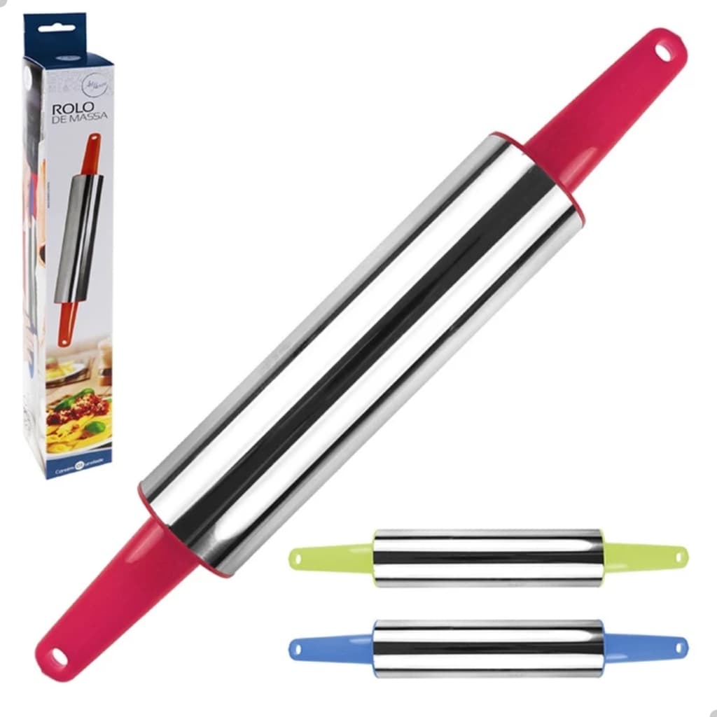 Rolo de massa inox e plástico 35 cm com abridor de pizza e pau de macarrão Livon 6134