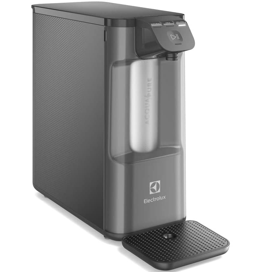 Purificador de água Electrolux Pure 4x com painel touch, filtro de água gelada, modelo PE12G, cor cinza.