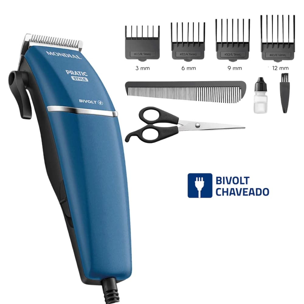 Máquina De Cortar Cabelo Mondial Pratic Style CR-10 BIVOLT Azul
