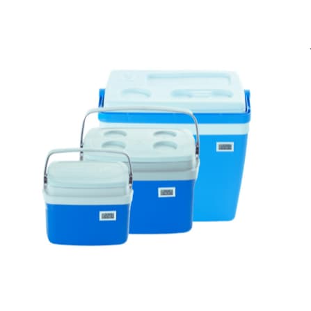 Combo de três caixas térmicas azuis com tampas brancas para transporte de vacinas.
