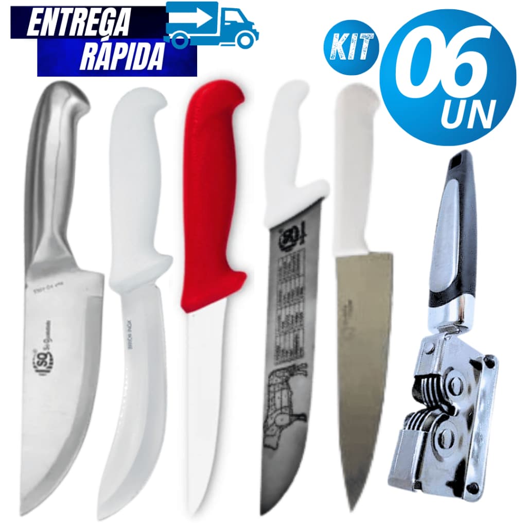 Jogo 06/05  Afiador  Faca Tirar Couro Faca Desossar Faca Peixaria Faca de Açougueiro em Aço Inox Linha Profissional