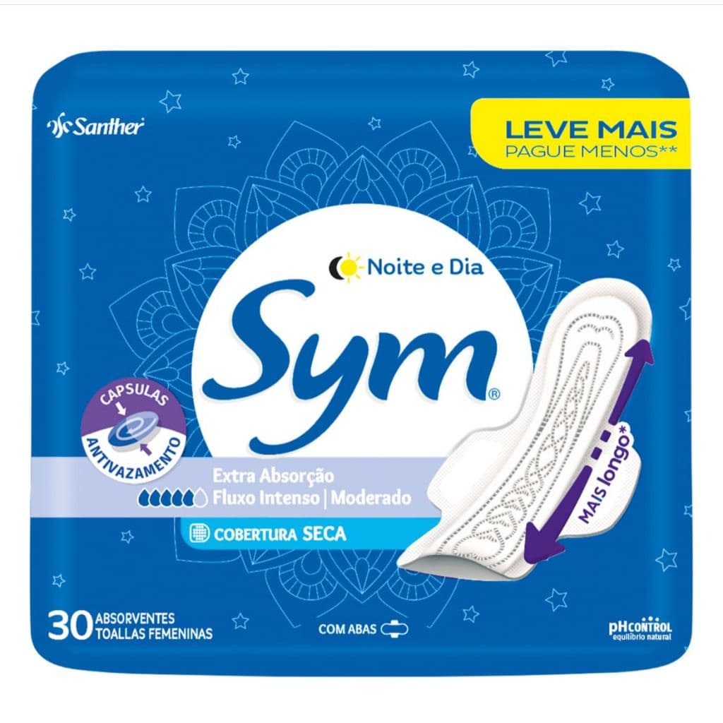 Absorvente Sym Noite e Dia Cobertura Seca com Abas 30 Unidades