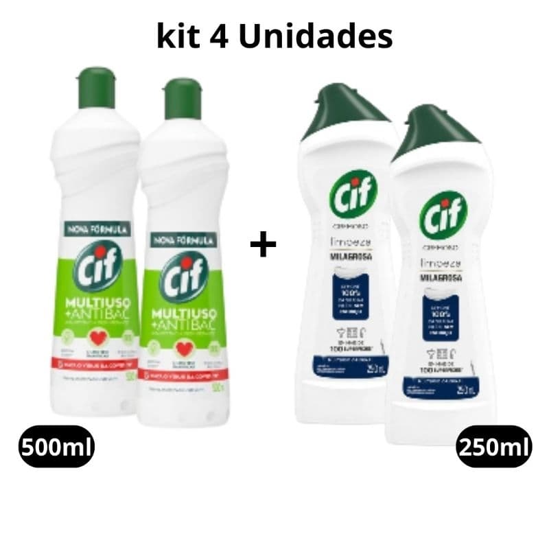 kit com 2 CIF Multiuso Antibac 500ml + 2 CIF Cremoso Limpeza Milagrosa 250ml