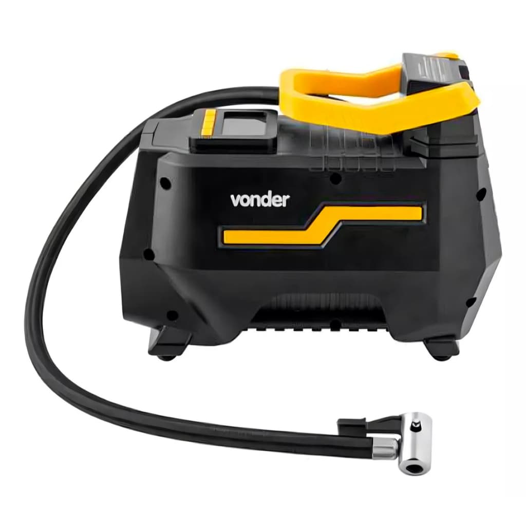 Compressor de Ar Elétrico Portátil Vonder CAV 150 120W Bivolt, preto e amarelo, em fundo branco.