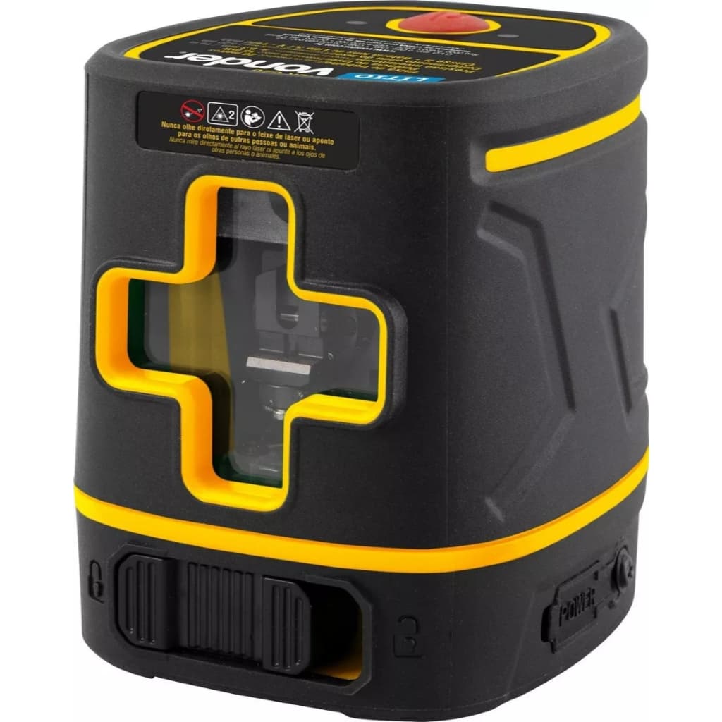 Nível a laser recarregável verde 20m Vonder, ângulo frontal, fundo branco, detalhes amarelos, janela de vidro, marca Vonder visível