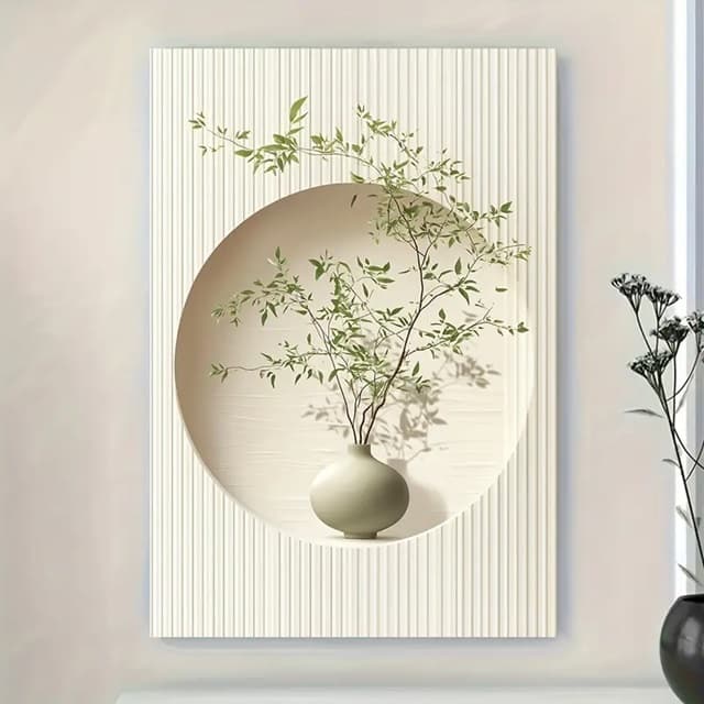 Quadro decorativo minimalista com vaso de bambu e planta verde, ideal para sala, quarto ou escritório