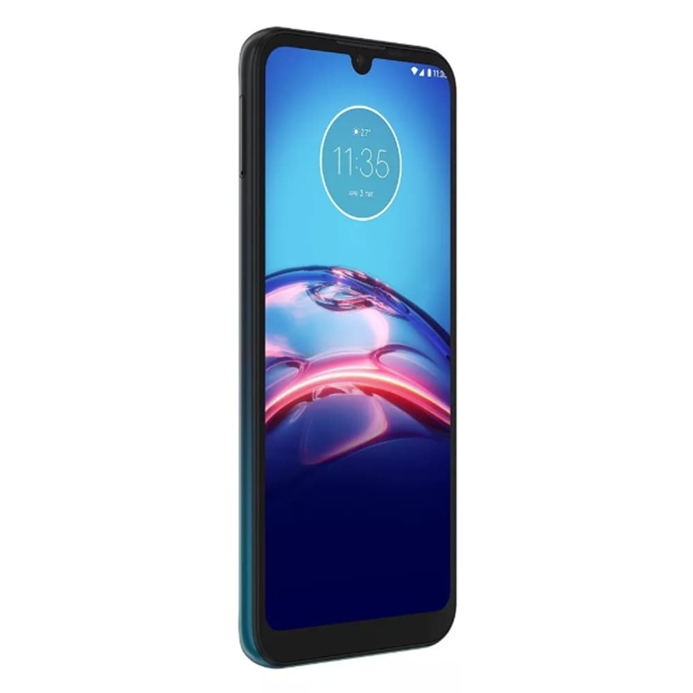 Imagem frontal do smartphone Motorola Moto E6S XT2053-2, azul, 6.1 polegadas, com efeito líquido na tela.