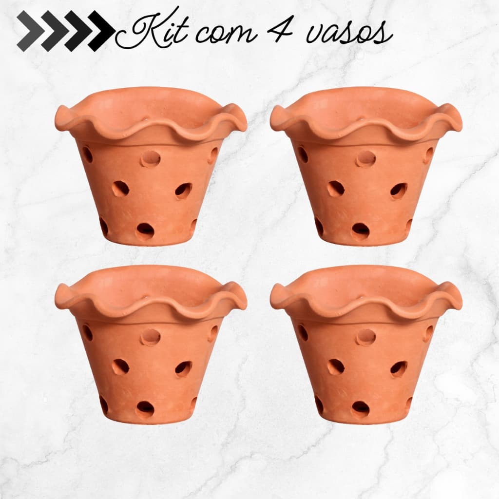 Kit com 4 vasos de cerâmica para parede com furos e babado - terracota