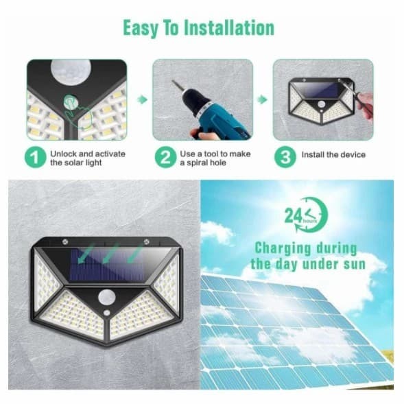 Ilustração de instalação de luminária solar com sensor de movimento, à prova d'água, com 100 LEDs, para jardim.