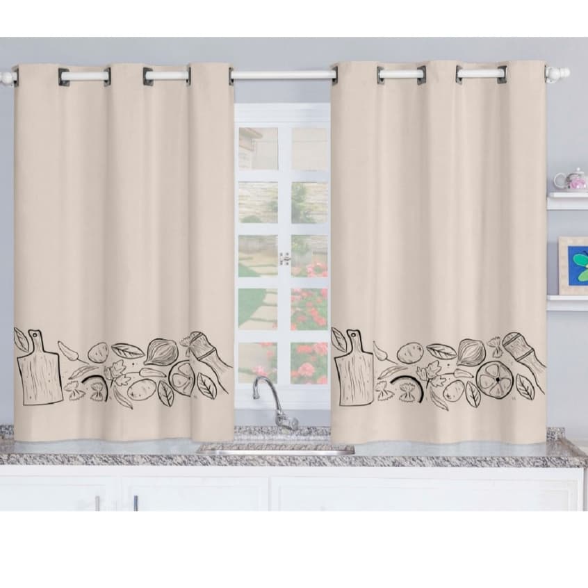 Cortinas de cozinha estampadas com alimentos e utensílios em fundo bege