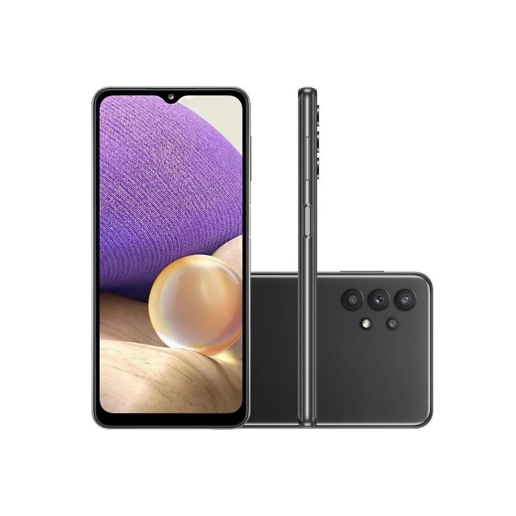 Imagem do smartphone Samsung Galaxy A32 4G 128GB, mostrando a frente e a parte de trás do dispositivo com detalhes da câmera e design.