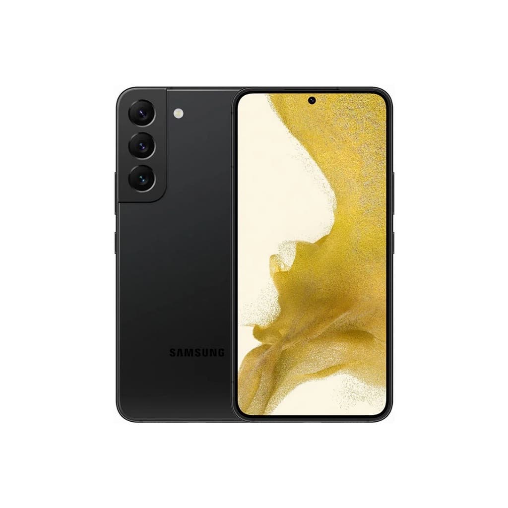Samsung Galaxy S22 128GB, smartphone preto com câmera traseira quadrada e gradiente amarelo-branco na tela