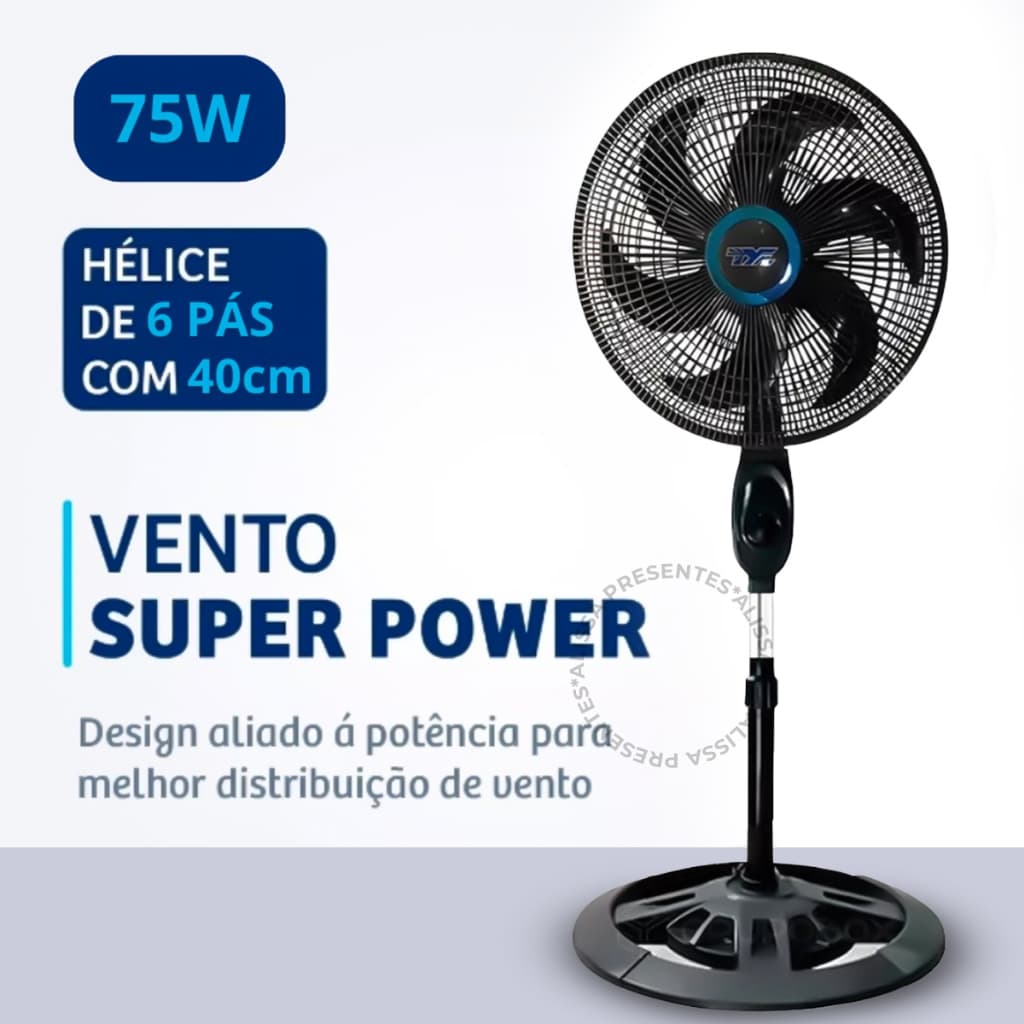 Ventilador de coluna preto 40cm com 6 pás e vento super power