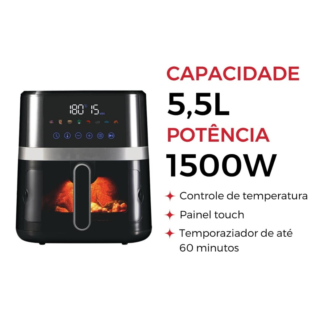 Fritadeira Air Fryer Gaabor Elétrica Digital Touch Jumbo 5,5L 1500W com controle de temperatura e temporizador de até 60 minutos.