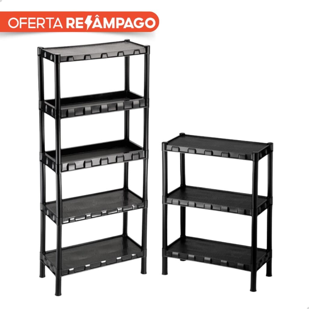 Kit 2 estantes modulares pretas com 5 e 3 prateleiras, oferta com desconto