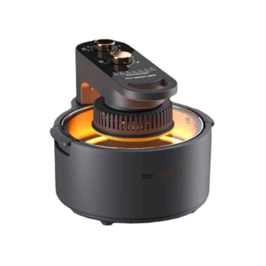 Fritadeira Elétrica Air Fryer Com Panela Removível, vista frontal com luzes internas acesas, fundo branco.