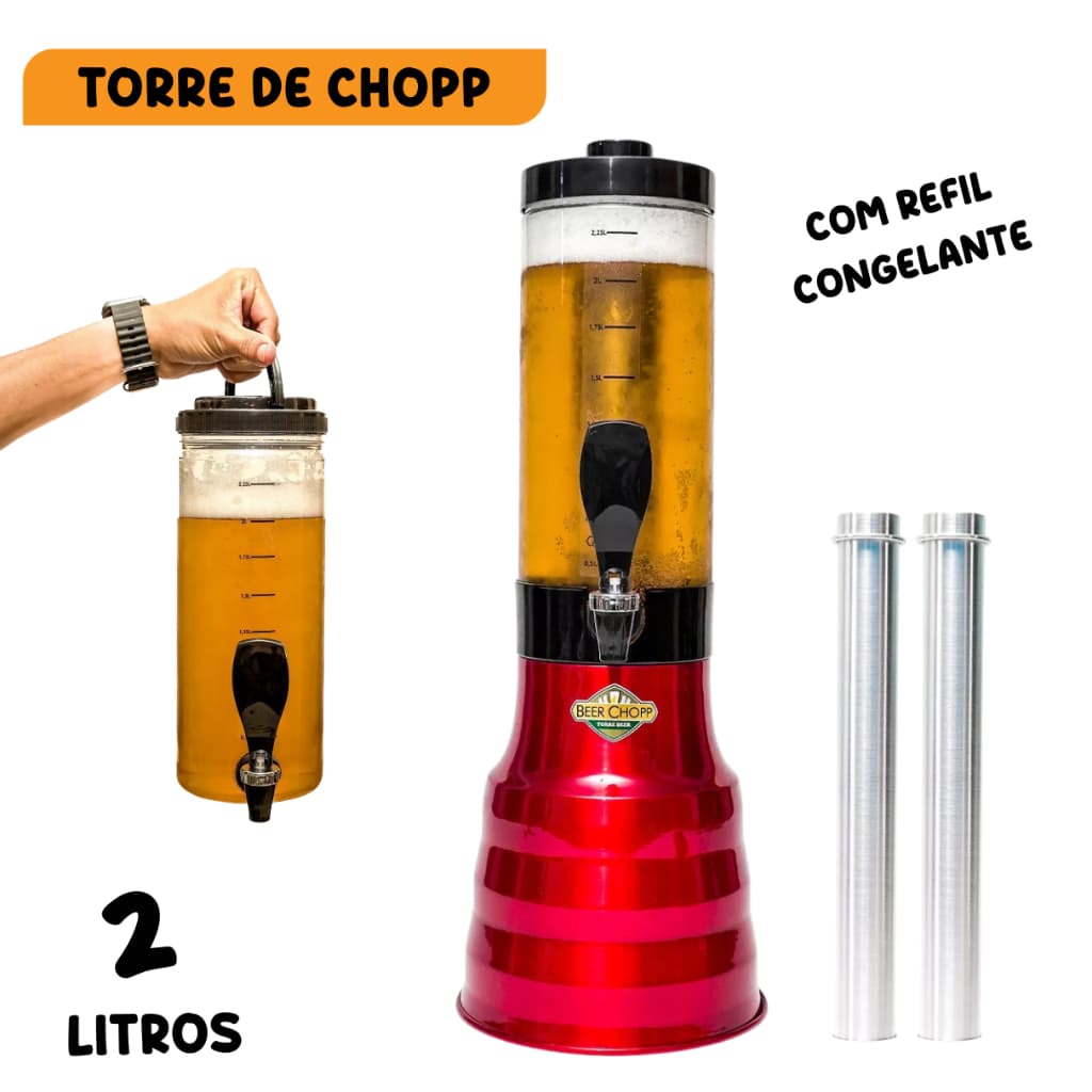 Torre de chopp vermelha com refil congelante de 2 litros, alça e dois cilindros transparentes