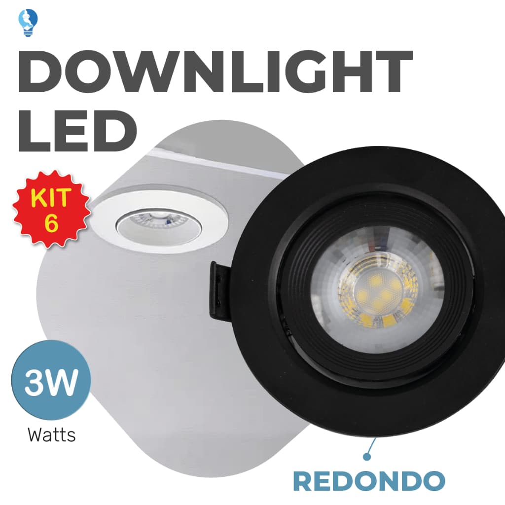 Kit 6 luminárias spot LED redondas direcionáveis 5W para teto de gesso preto