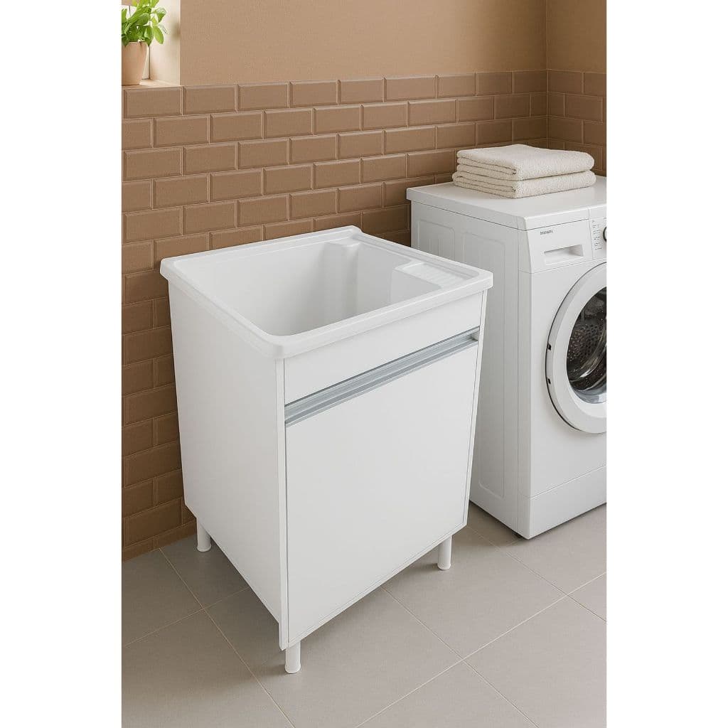 gabinete mdf + tanque 26 litros com bancada para torneira para lavanderia