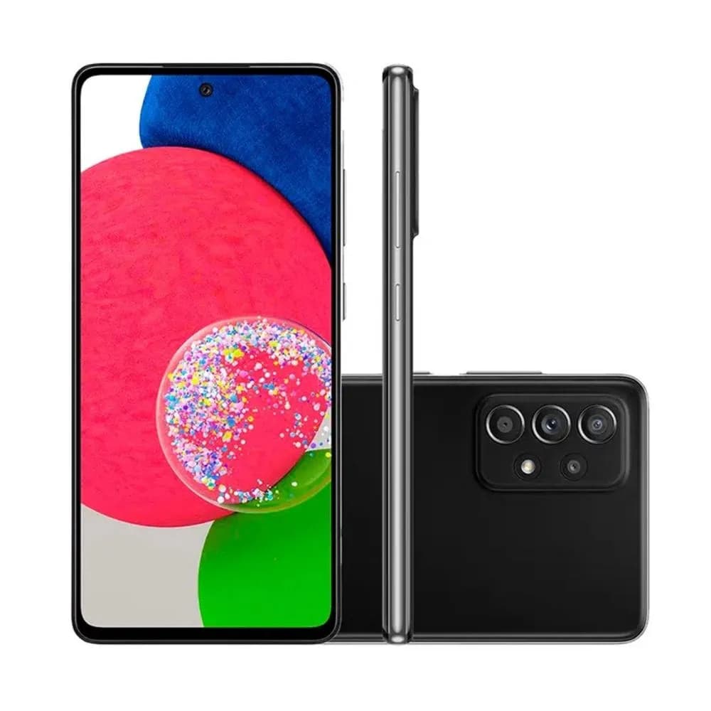 Samsung Galaxy A52s 128GB preto, frente e verso, com caneta S Pen, câmera quádrupla na traseira