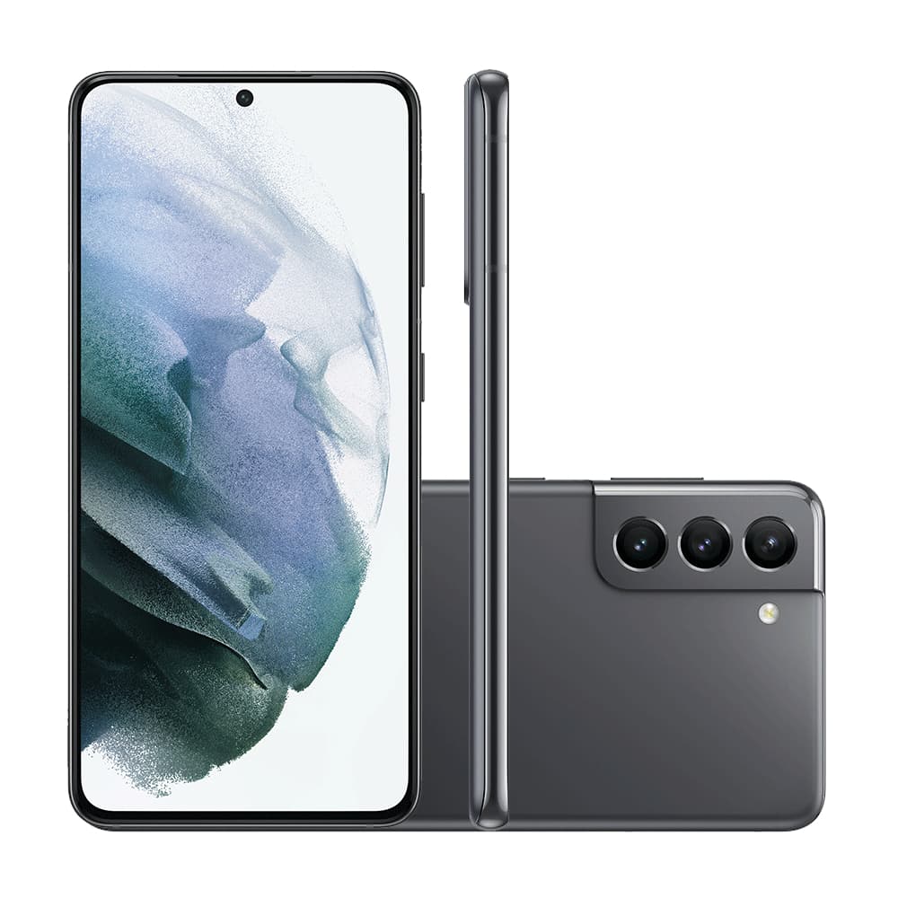Samsung Galaxy S21 SM-G991B cinza com tela 6.2 polegadas e câmera tripla