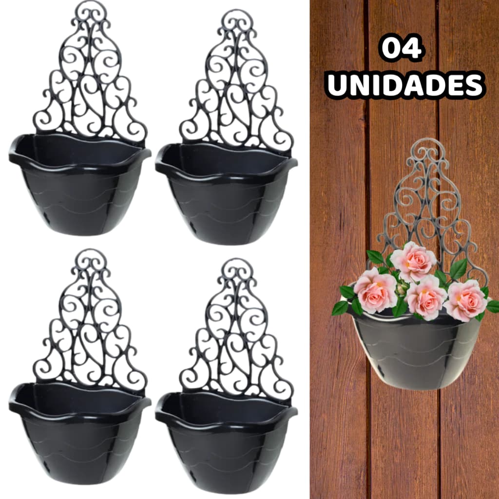 Kit 04 vasos de plantas de parede pretos com flores rosa, capacidade 2,5 litros, design ornamental