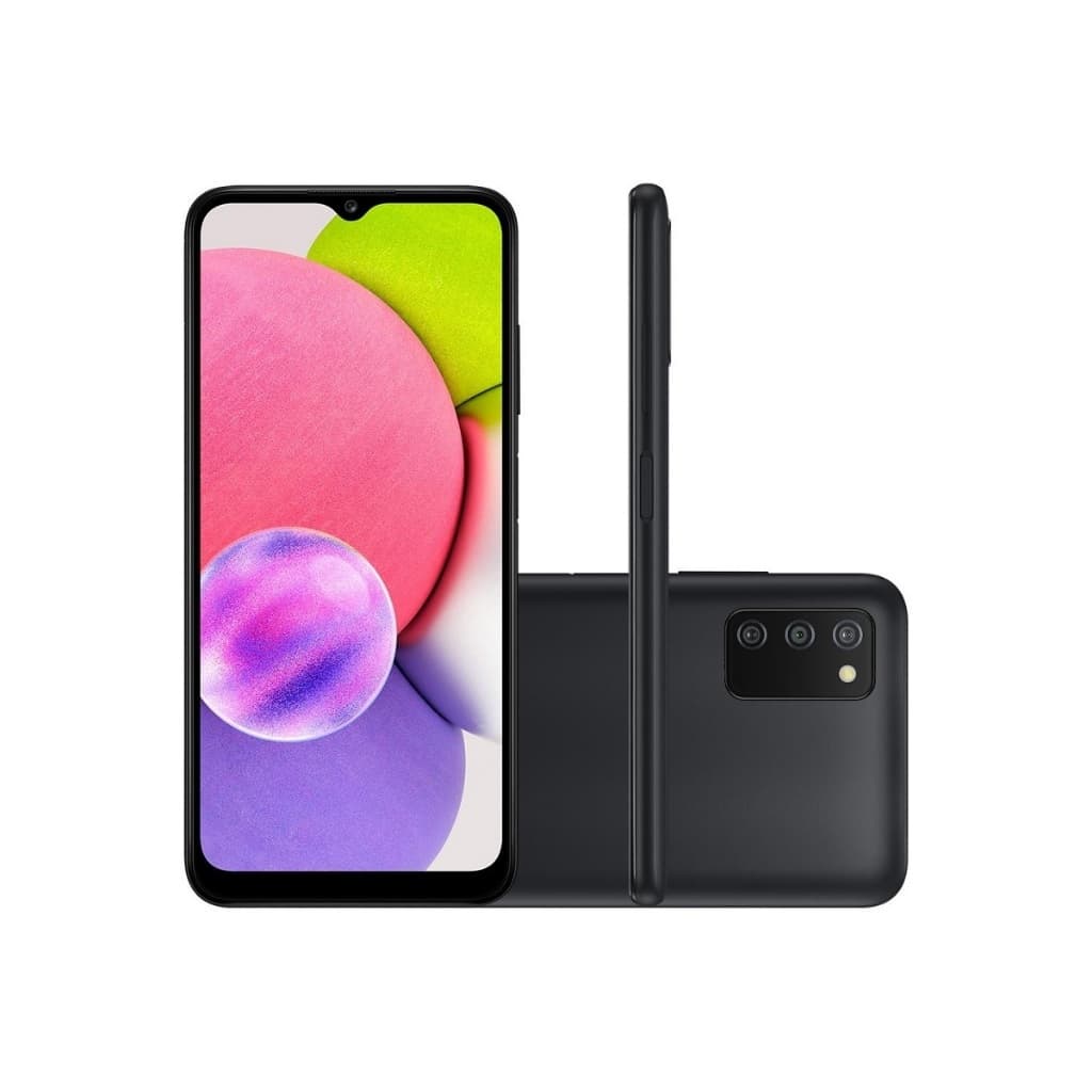 Samsung Galaxy A03S 64GB, smartphone preto com câmera traseira e flash, vista frontal e lateral
