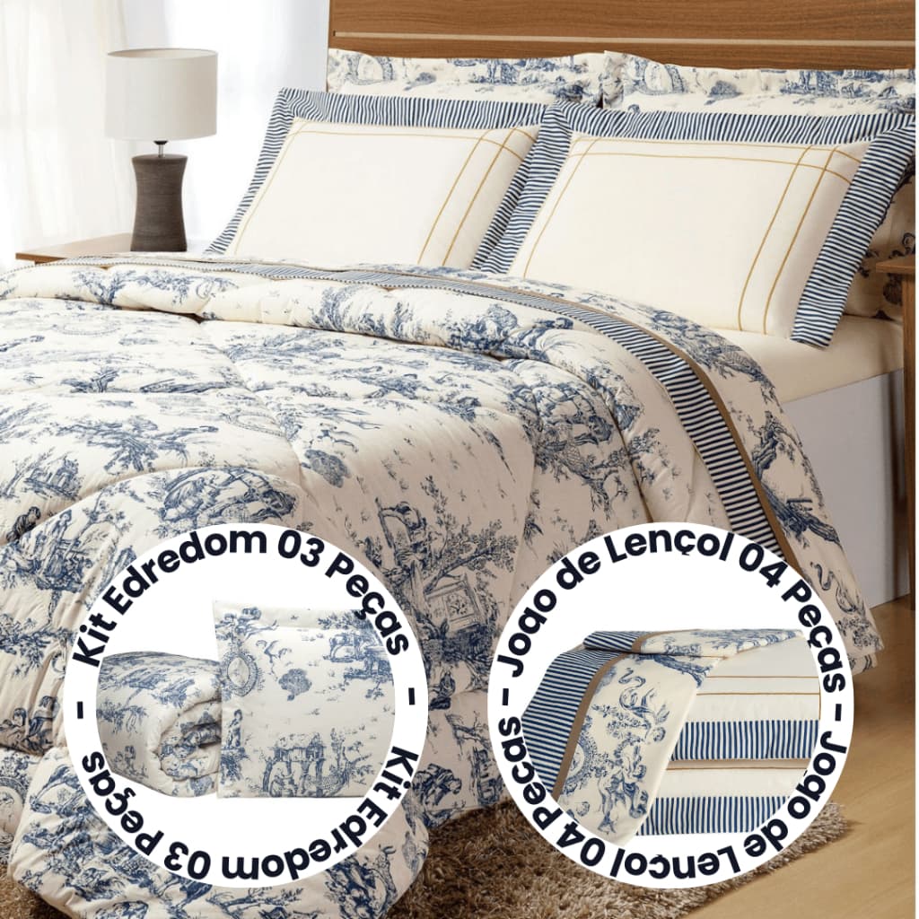 Kit de cama king size com edredom e lençol floral azul e branco, 7 peças