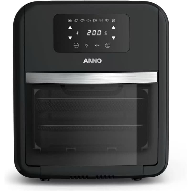 Fogão de ar quente e grelhar expert 9 em 1 Arno 127V, preto com controles digitais, porta de vidro transparente, logo da Arno