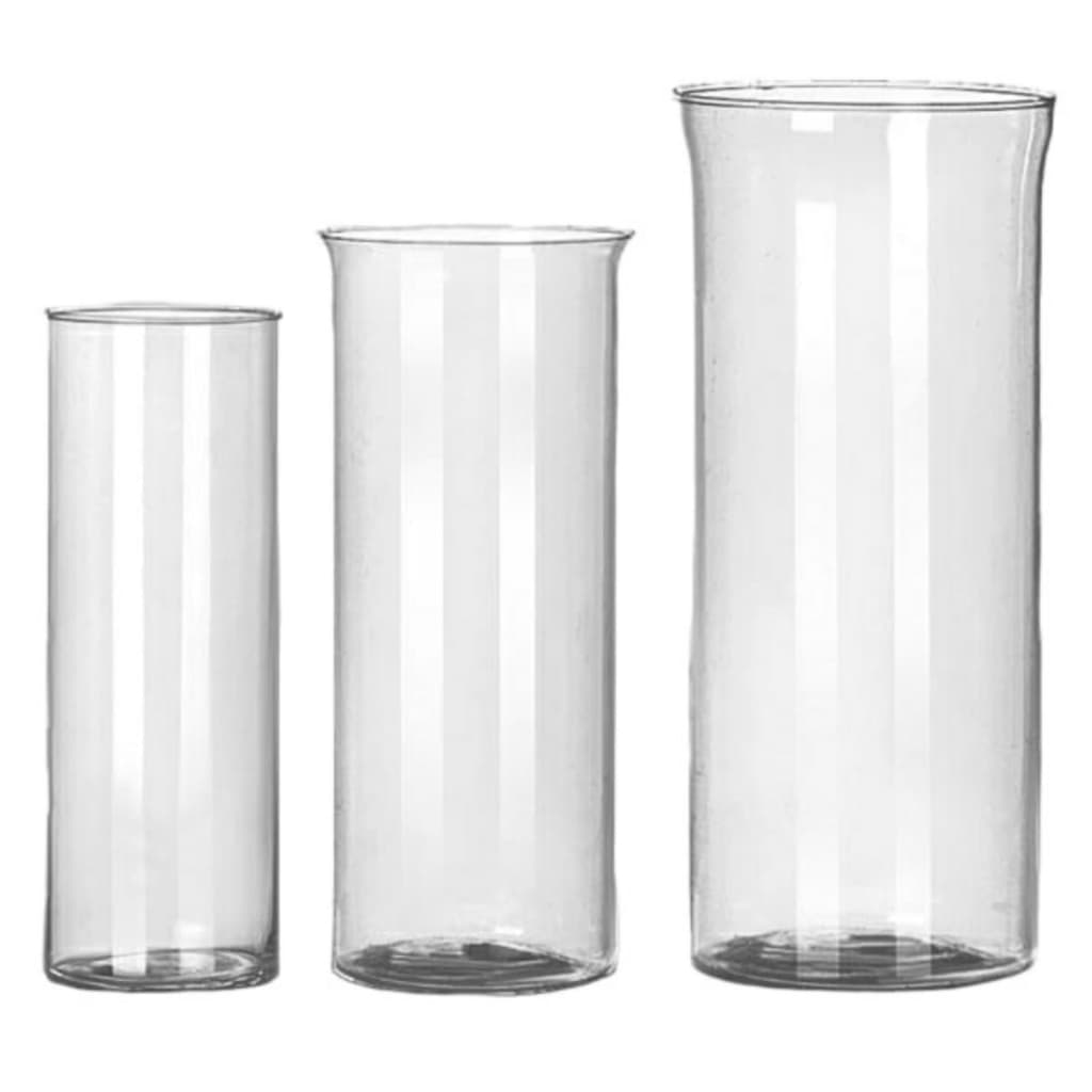 Kit trio de vasos cilíndricos transparentes em vidro para decoração de mesa