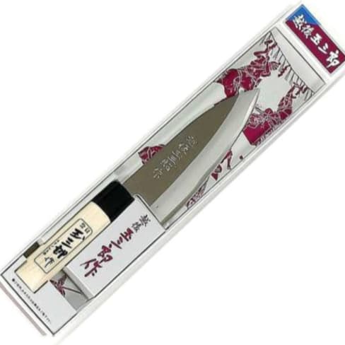 Faca de aço inoxidável Kataoka Deba 150 mm com bainha decorativa japonesa