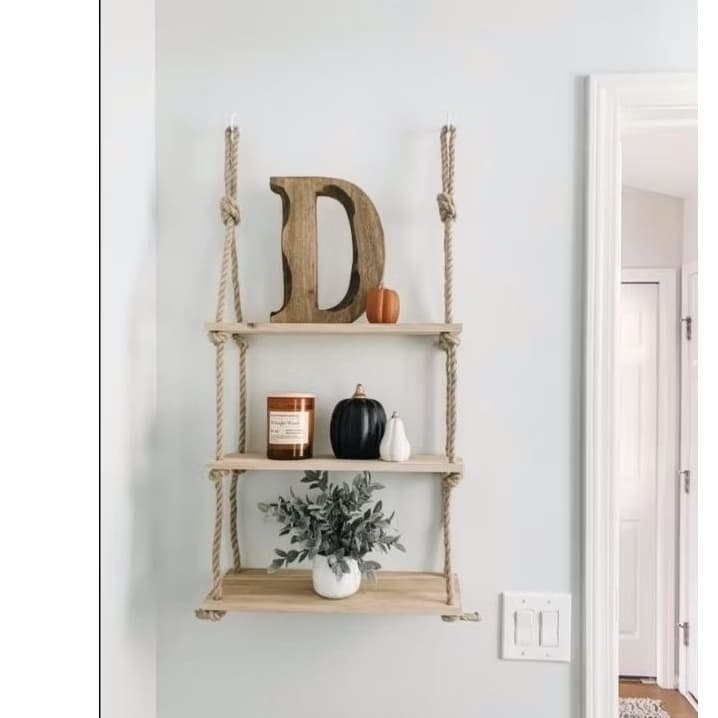 Prateleiras de Madeira Suspensa com corda sisal 3 andares 40cm Decoração do lar Tendência