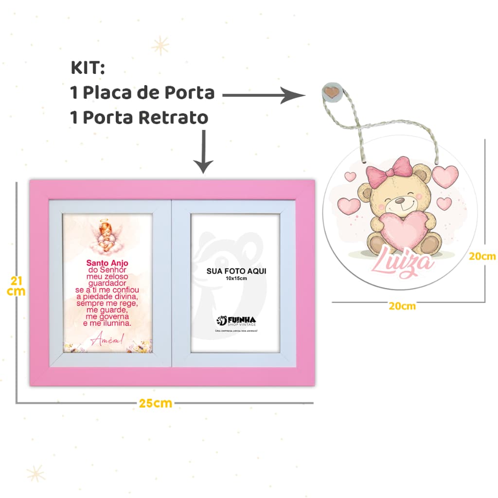 Kit infantil com placa de porta maternidade e porta retrato com oração do Santo Anjo do Senhor