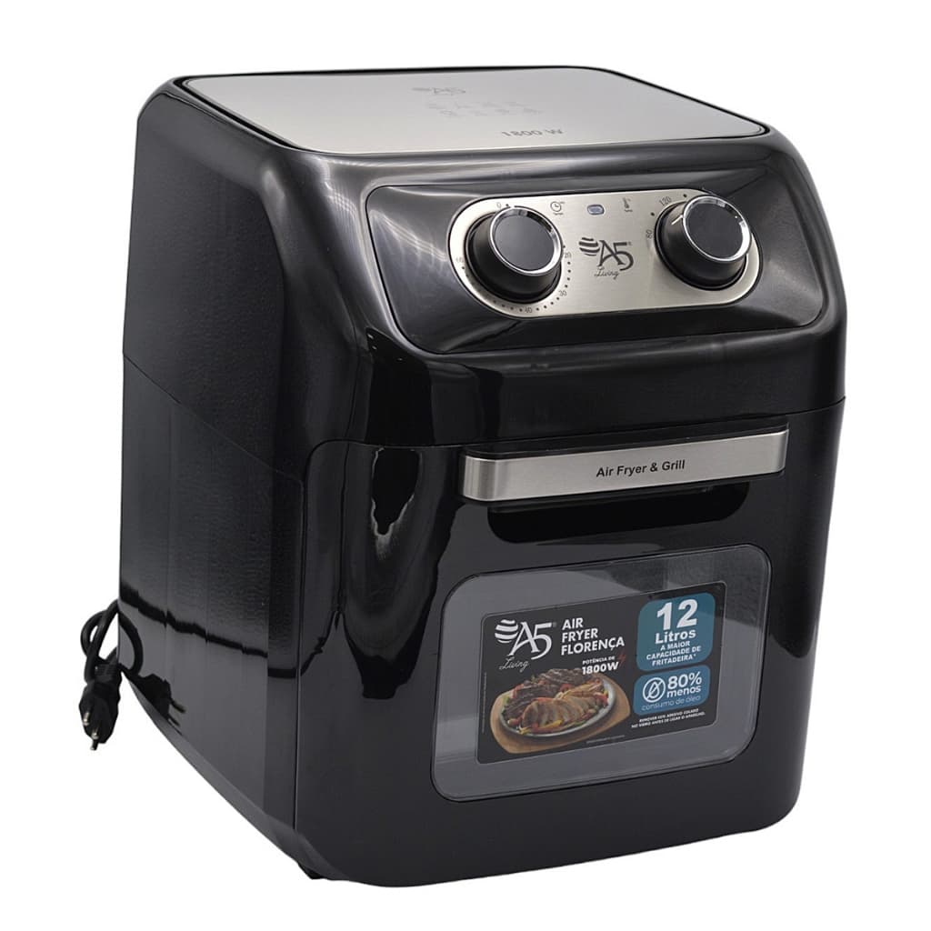 Fritadeira Elétrica Air Fryer A5 Florença 12 Litros - Modelo preto com visor transparente.