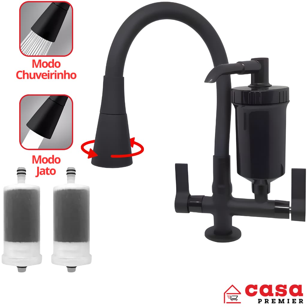 Torneira Gourmet Com Filtro Preta Cano Flexível Pia Bancada Cozinha + 2 Refis Vela Carvão Ativado