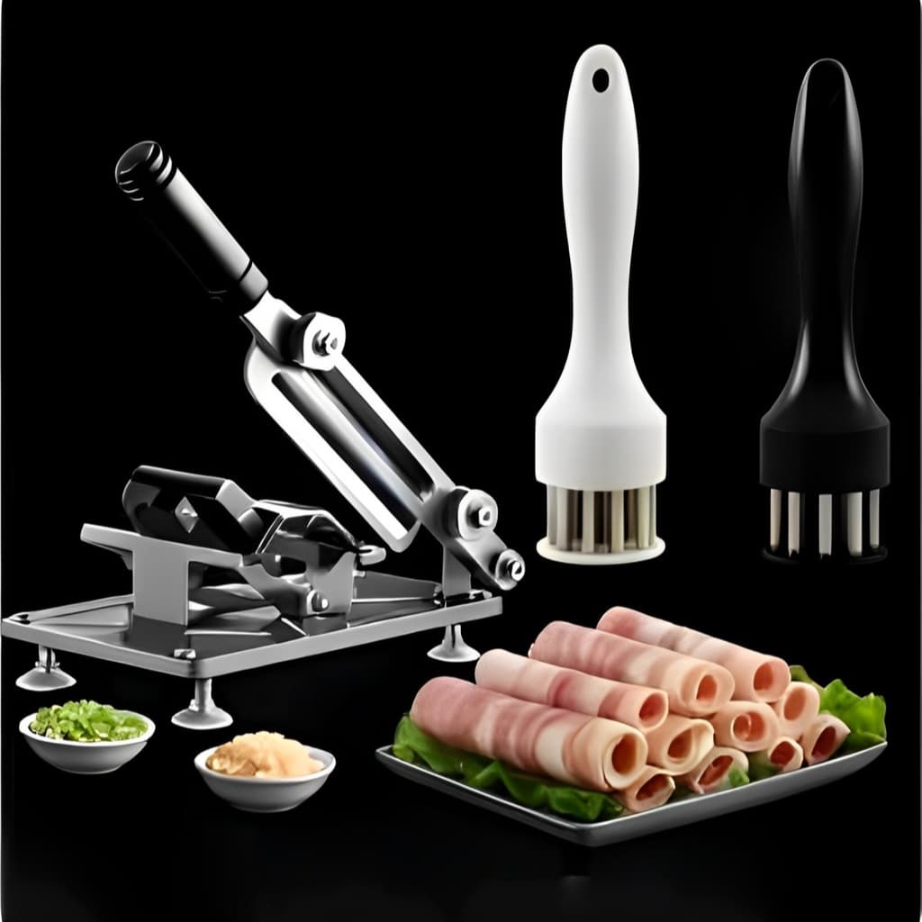 Kit de fatiador manual e amaciador de carnes em aço inox com fundo preto