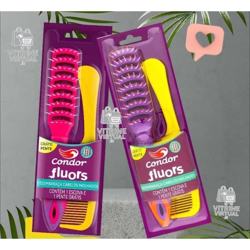 Escova de Cabelo Condor Fluors com Pente Grátis - Desembaraça Cabelos Molhados