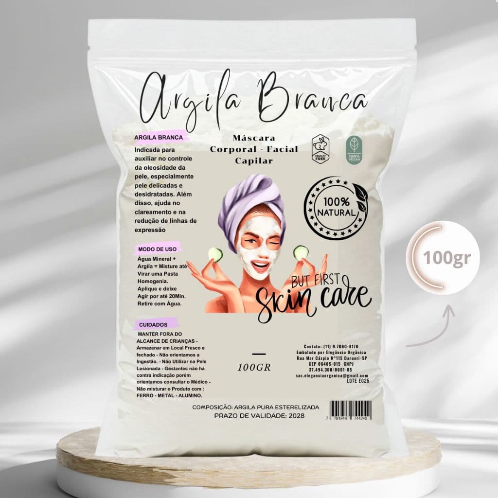 Argila Mascara facial 100g Elegância Orgânica 100 % Natural Branca Verde Rosa Dourada Preta Dolomita