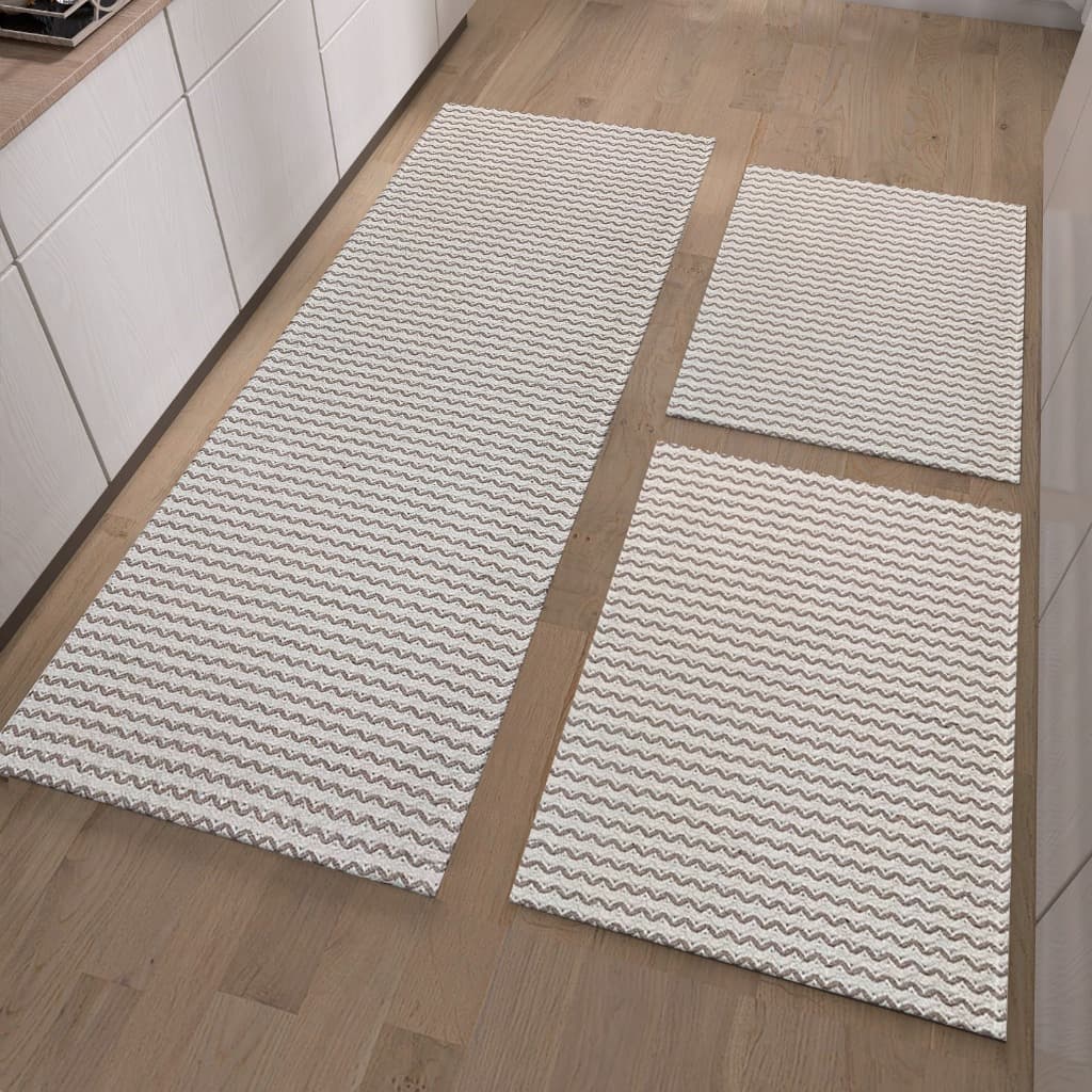 Tapetes de cozinha preto e branco com padrão chevron, dois de 40 cm x 60 cm e um de 40 cm x 130 cm