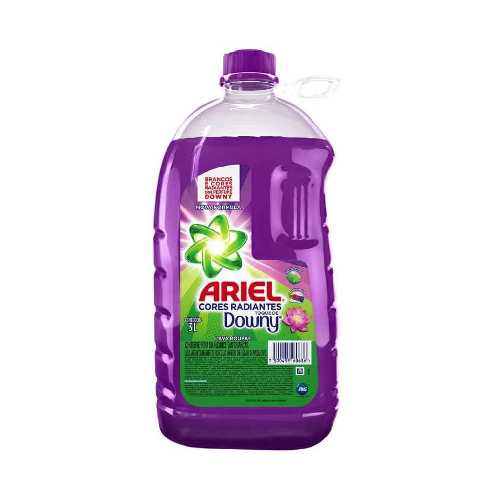 Lava roupas líquido Ariel Cores Radiantes Toque de Downy, 3L, frasco transparente com tampa roxa e etiquetas verdes e brancas