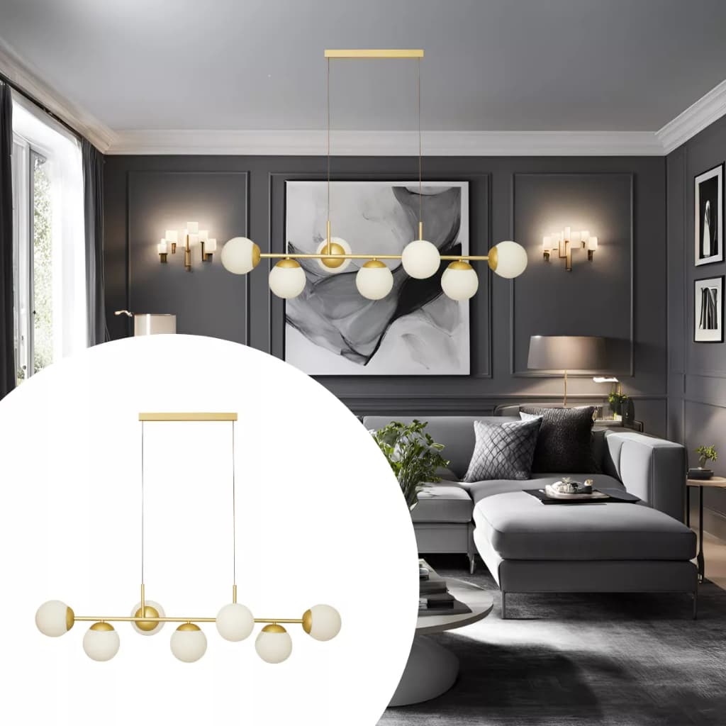 Luminária pendente com múltiplos globos de vidro transparente e cúpulas douradas para sala.