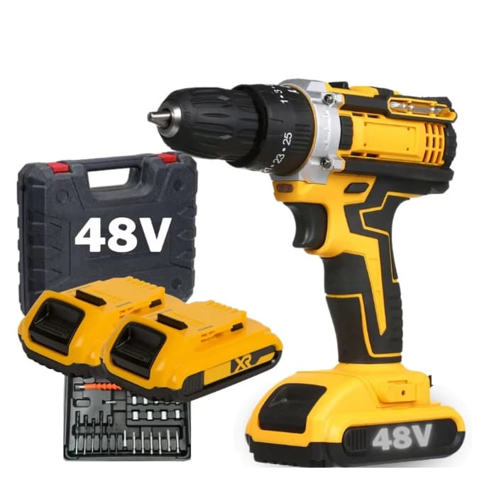 Parafusadeira e furadeira elétrica 48V com duas baterias e maleta
