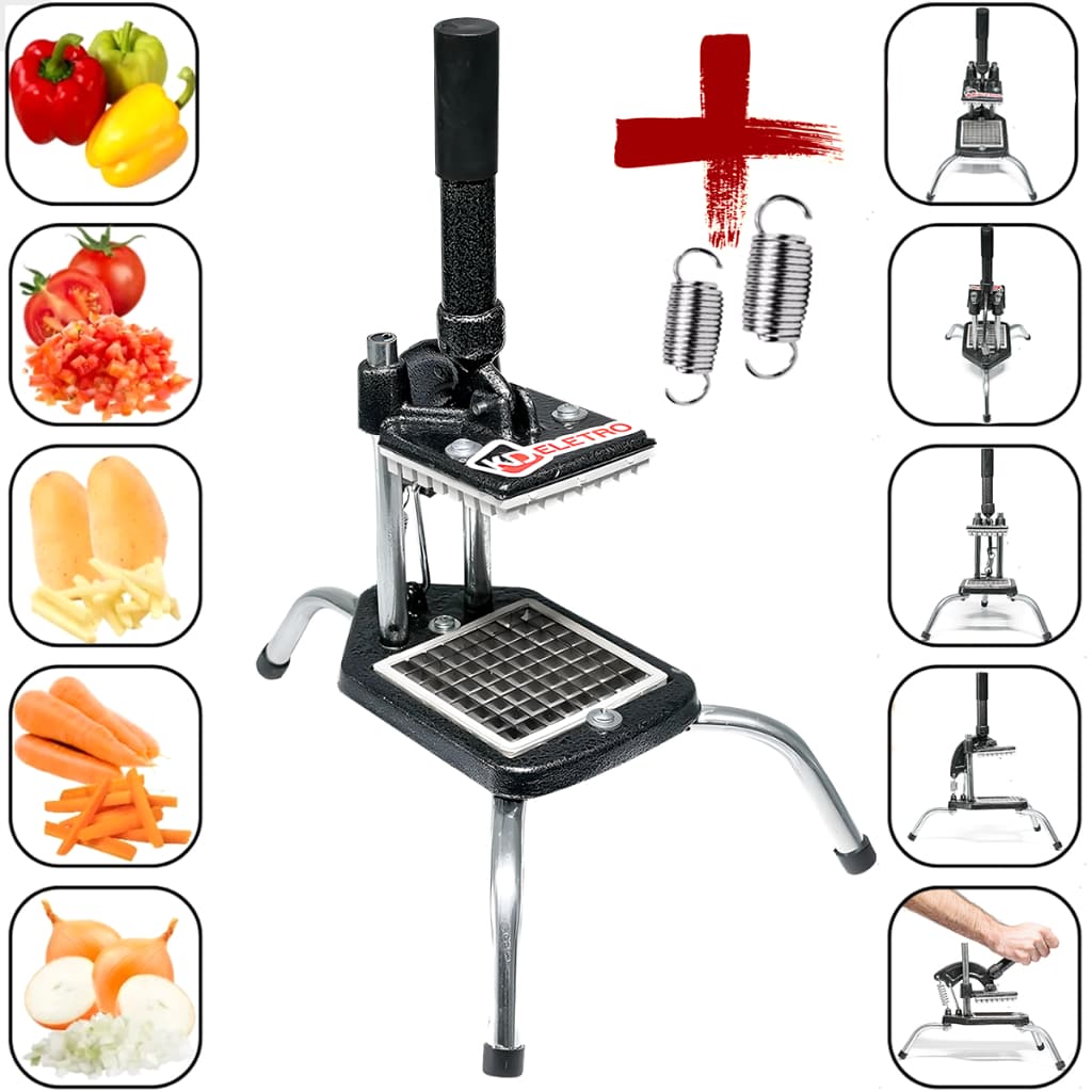 Picador de batatas profissional resistente, mostrando o produto com diferentes vegetais processados