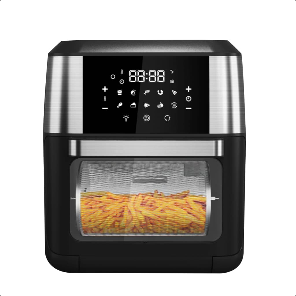 Fritadeira elétrica preta e prata com display digital, porta aberta mostrando alimentos fritos