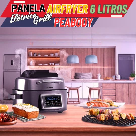 Fritadeira elétrica Peabody 6 litros com grelha e panela, cozinha moderna, alimentos preparados