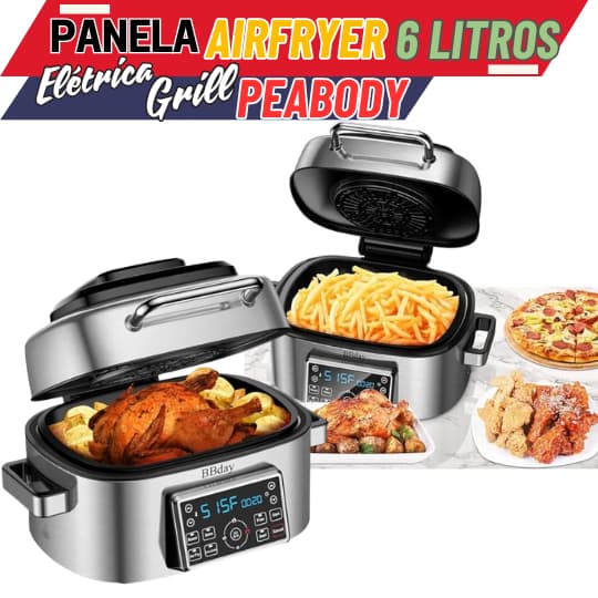 Panela elétrica multifuncional 6L aço inoxidável com airfryer e grill, marca Peabody