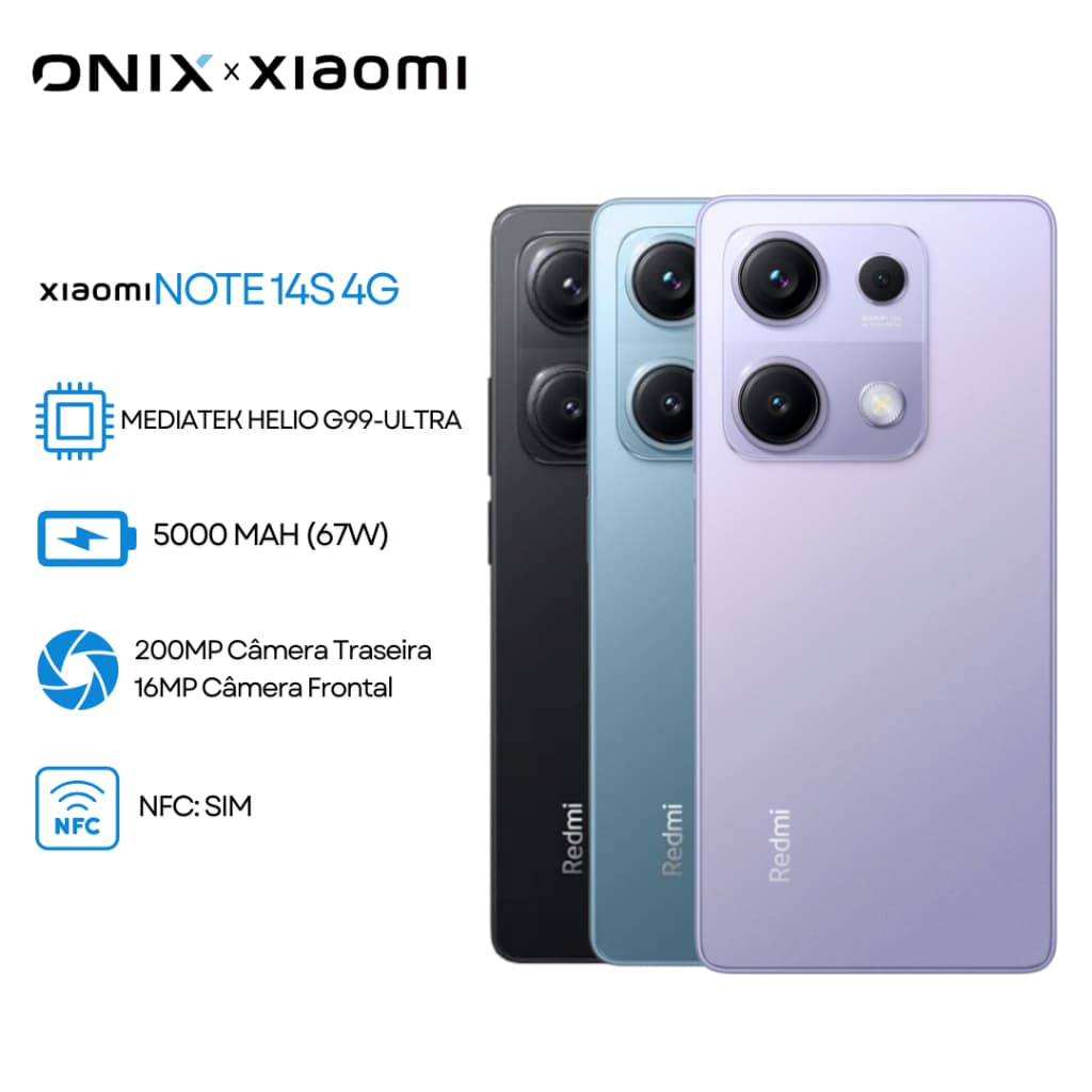 Xiaomi Redmi Note 14S 4G 256GB Armazenamento, 8GB RAM, Câmera 200MP, Processador Mediatek Hélio G99-Ultra, Versão Global