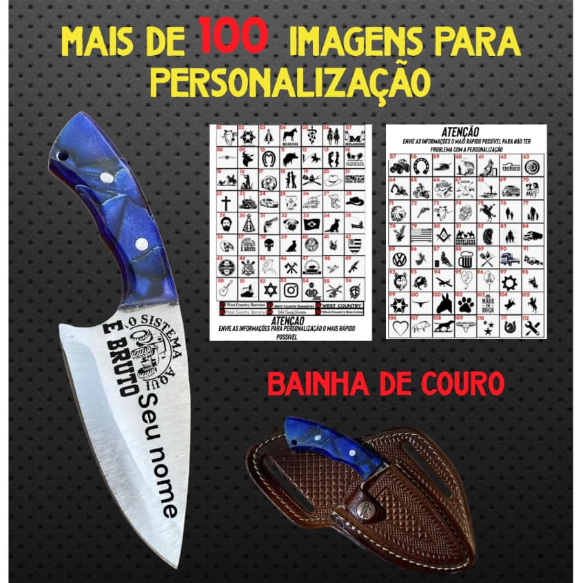 Faca Campeira mini de inox com bainha personalizada premium, lâmina azul e detalhes em prata, bainha de couro marrom, opções de personalização.